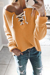 V Neck  Lace Up  Plain T-Shirts