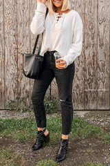 V Neck  Lace Up  Plain T-Shirts