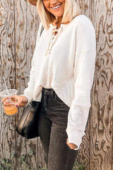 V Neck  Lace Up  Plain T-Shirts