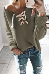 V Neck  Lace Up  Plain T-Shirts