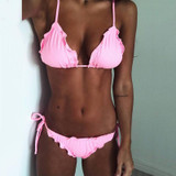 Sexy Bikini Solid Color Ruffled Straps Split Swimsuit