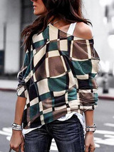 Fashion Daily Casual Loose Plaid Off Shoulder Long Sleeve Top