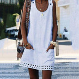 Daily Round Neck Sleeveless Hollow Solid Color Dress