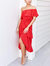 Solid Color One-Shoulder   Stitching Ruffled Dress