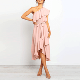 Solid Color One-Shoulder   Stitching Ruffled Dress