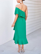 Solid Color One-Shoulder   Stitching Ruffled Dress
