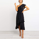 Solid Color One-Shoulder   Stitching Ruffled Dress