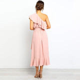 Solid Color One-Shoulder   Stitching Ruffled Dress