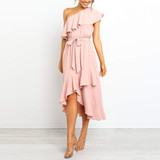 Solid Color One-Shoulder   Stitching Ruffled Dress