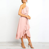 Solid Color One-Shoulder   Stitching Ruffled Dress