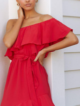 Solid Color One-Shoulder   Stitching Ruffled Dress
