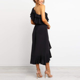 Solid Color One-Shoulder   Stitching Ruffled Dress