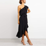 Solid Color One-Shoulder   Stitching Ruffled Dress
