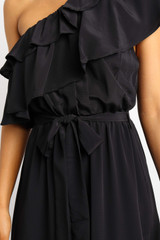 Solid Color One-Shoulder   Stitching Ruffled Dress