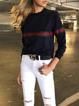 Round Neck  Contrast Trim  Plain Long Sleeve T-Shirts