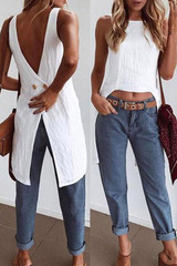 Round Neck Asymmetric Hem Backless Plain Blouse