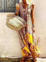 Bohemian V Neck Printed Colour Splicing Sleeveless Dress