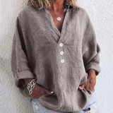 Casual V Neck Cotton Linen Button Pure Colour Thickening Shirt