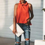 High Neck  Asymmetric Hem Bowknot  Plain  Blouses