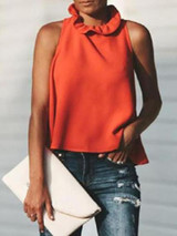 High Neck  Asymmetric Hem Bowknot  Plain  Blouses