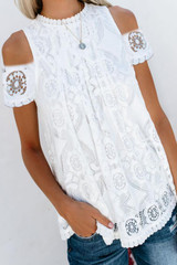 Round Neck  Cutout Decorative Lace  Lace  Blouses