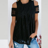 Round Neck  Cutout Decorative Lace  Lace  Blouses
