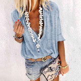 Women's Casual Printed Color V Neck Long Sleeve Loose Blouse