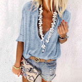 Women's Casual Printed Color V Neck Long Sleeve Loose Blouse