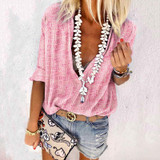 Women's Casual Printed Color V Neck Long Sleeve Loose Blouse