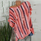 Round Neck Glitter Loose Fitting Striped Blouses