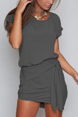 Round Neck Asymmetric Hem Belt Plain Batwing Sleeve Extra Short Sleeve Casual Dresses
