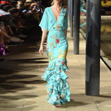 Sexy V-Neck Blue Floral Print Fishtail Evening Dress Maxi Dress