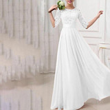 Women Elegant Round Neck Half Sleeve Patchwork Lace Long Evening Dress