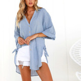 Autumn Spring  Cotton  Women  Fold-Over Collar  Plain  Long Sleeve Blouses