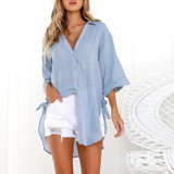 Autumn Spring  Cotton  Women  Fold-Over Collar  Plain  Long Sleeve Blouses