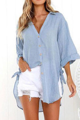 Autumn Spring  Cotton  Women  Fold-Over Collar  Plain  Long Sleeve Blouses