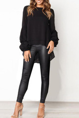 Round Neck  Asymmetric Hem  Plain  Lantern Sleeve  Blouses