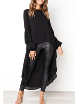 Round Neck  Asymmetric Hem  Plain  Lantern Sleeve  Blouses