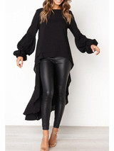 Round Neck  Asymmetric Hem  Plain  Lantern Sleeve  Blouses