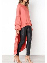 Round Neck  Asymmetric Hem  Plain  Lantern Sleeve  Blouses
