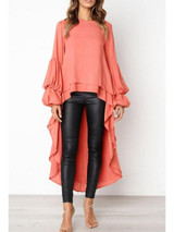 Round Neck  Asymmetric Hem  Plain  Lantern Sleeve  Blouses