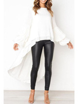 Round Neck  Asymmetric Hem  Plain  Lantern Sleeve  Blouses