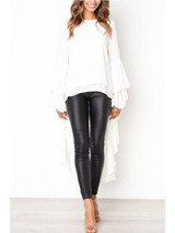 Round Neck  Asymmetric Hem  Plain  Lantern Sleeve  Blouses