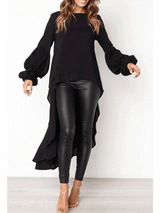 Round Neck  Asymmetric Hem  Plain  Lantern Sleeve  Blouses