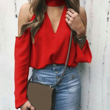 Sexy Off-Shoulder Chiffon Long Sleeve Pure Colour Shirt