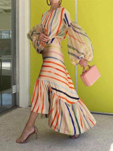 Fashion Stripe Stitched Lantern Sleeve Casual Dress