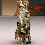 Vintage Printed Cotton/Linen Casual Sleeveless Dress