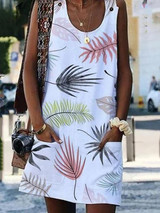 Round Neck  Decorative Buttons  Printed Shift Dress