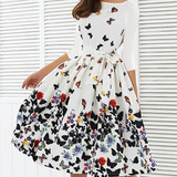 Round Neck  Floral Printed Skater Dress