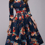 Round Neck  Floral Printed Skater Dress